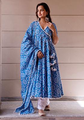 Blue Embroidered Cotton Anarkali set