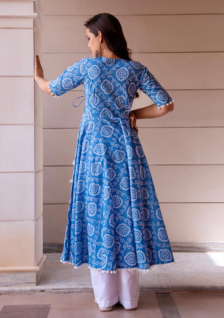 Blue Embroidered Cotton Anarkali set