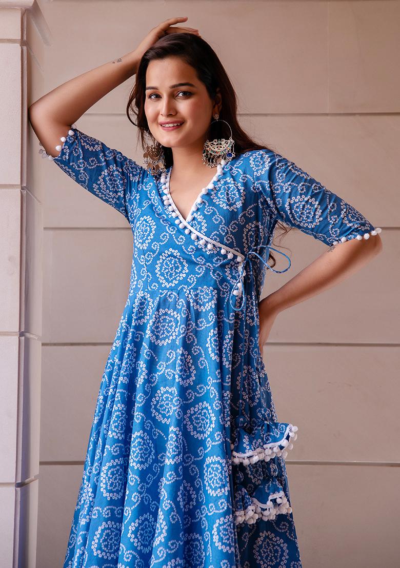 Blue Embroidered Cotton Anarkali set