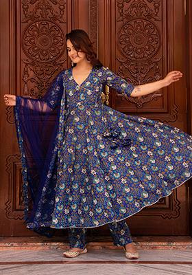 Royal Blue Net Cotton Anarkali set