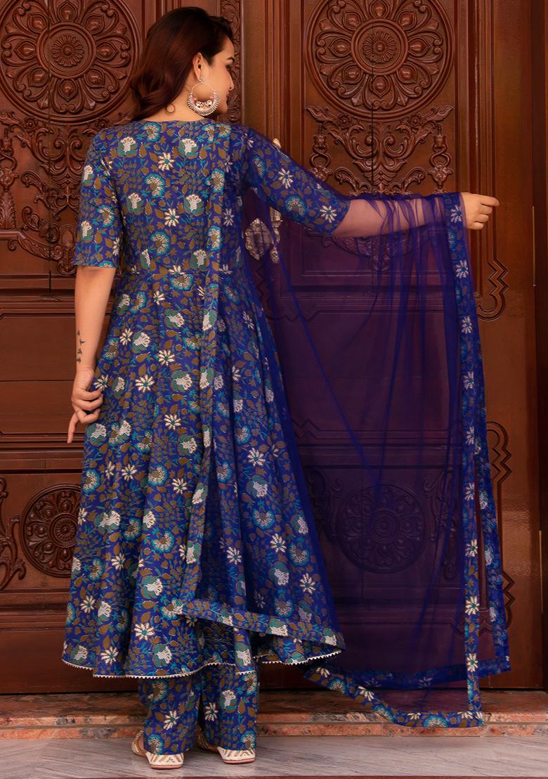 Royal Blue Net Cotton Anarkali set