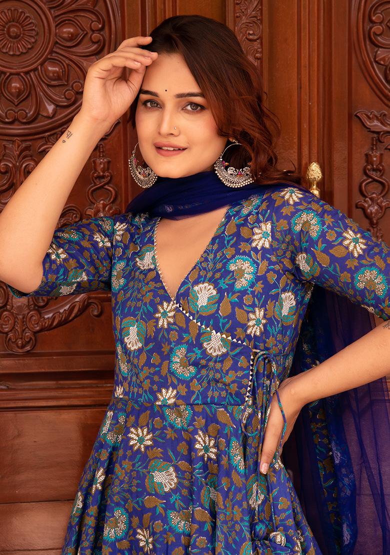 Royal Blue Net Cotton Anarkali set