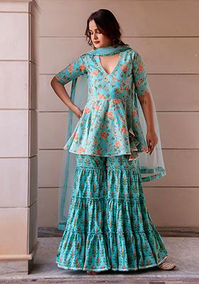 Teal Green Net Cotton Sharara Set