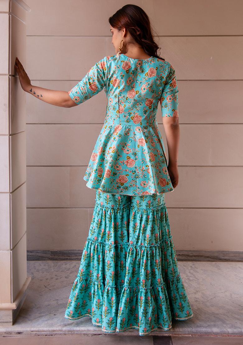 Teal Green Net Cotton Sharara Set