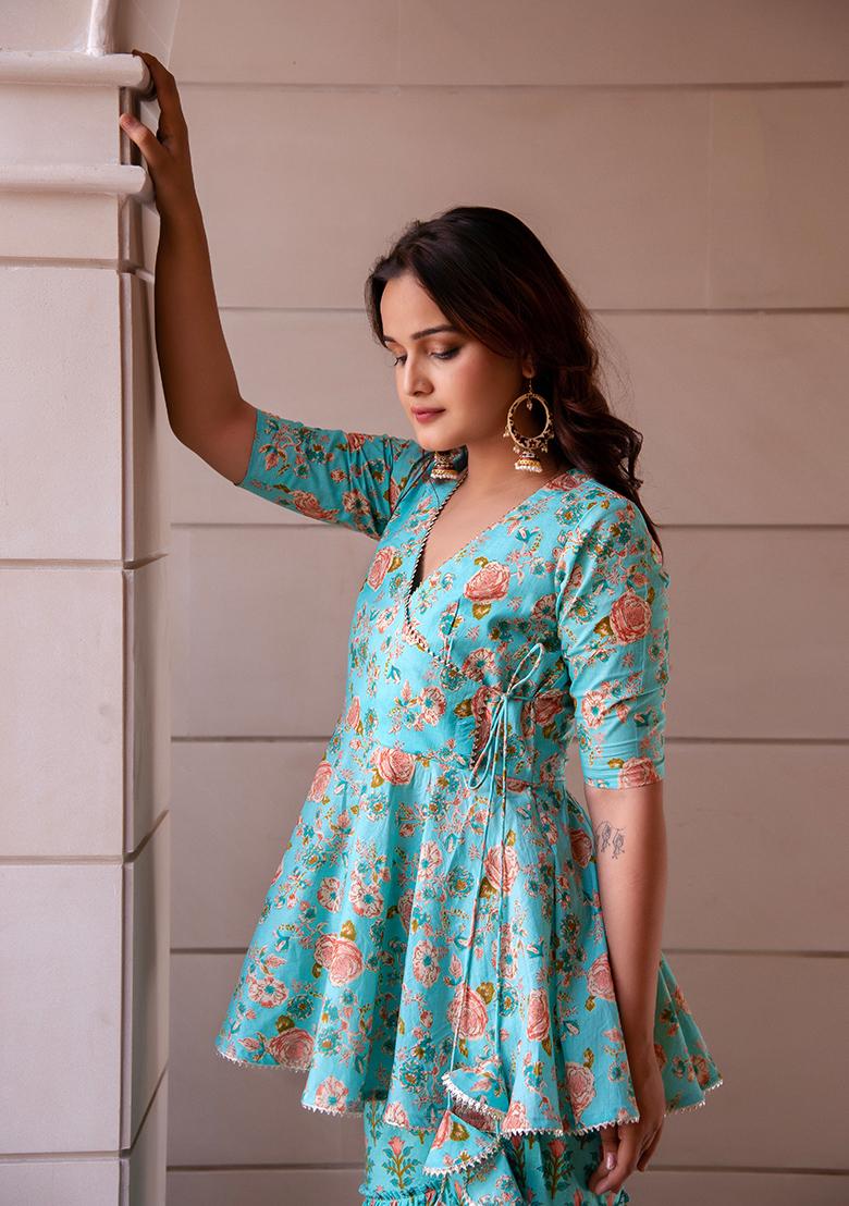 Teal Green Net Cotton Sharara Set