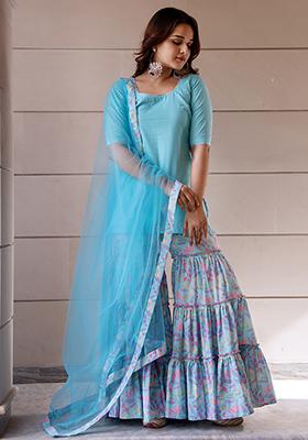 Pastel Blue Net Cotton Sharara Set