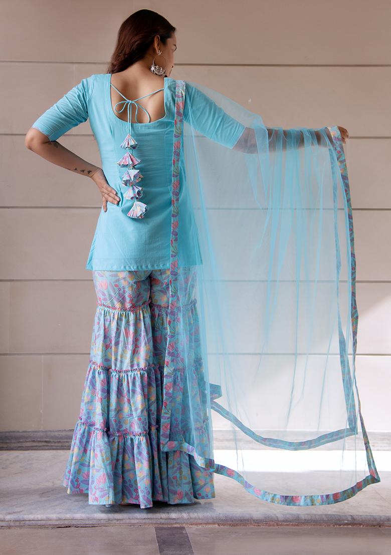 Pastel Blue Net Cotton Sharara Set
