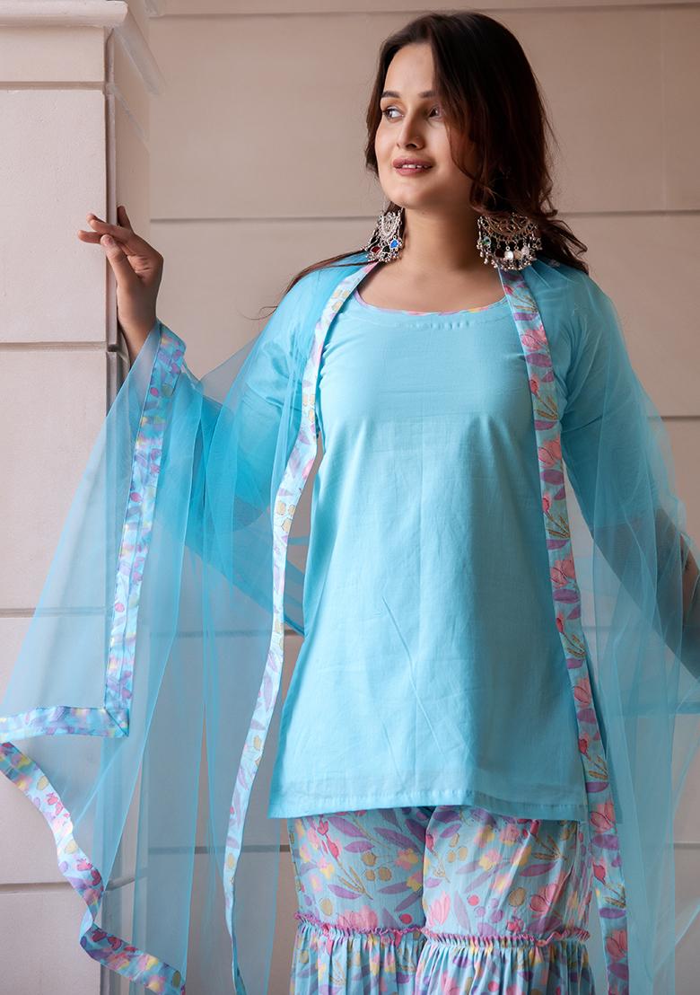 Pastel Blue Net Cotton Sharara Set