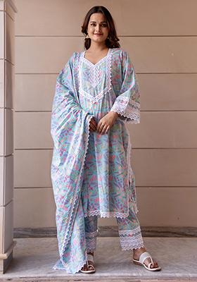 Pastel Blue Embroidered Cotton Kurta Set