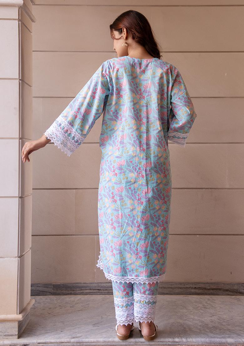 Pastel Blue Embroidered Cotton Kurta Set