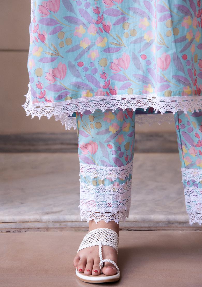 Pastel Blue Embroidered Cotton Kurta Set