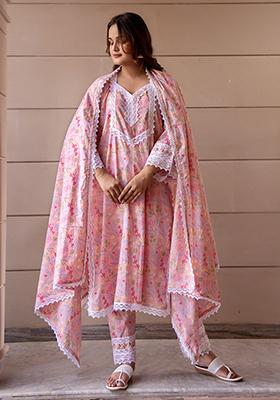 Pastel Peach Embroidered Cotton Kurta Set