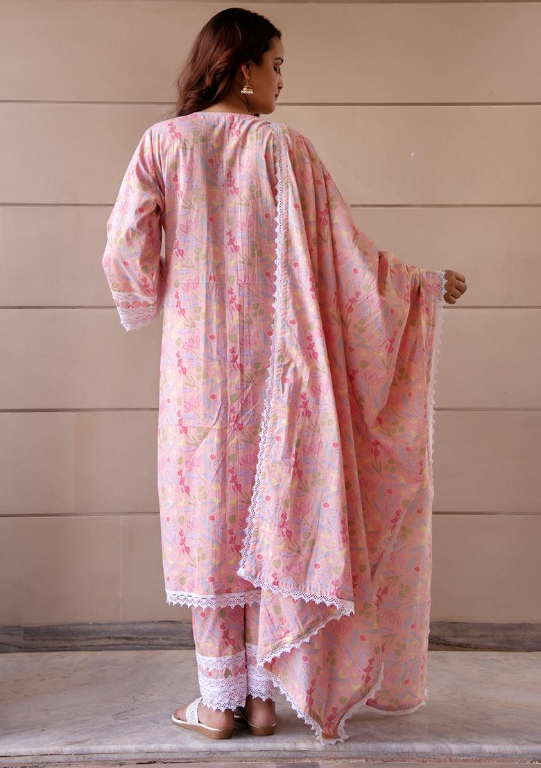 Pastel Peach Embroidered Cotton Kurta Set