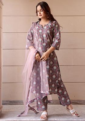 Purple Net Cotton Kurta Set