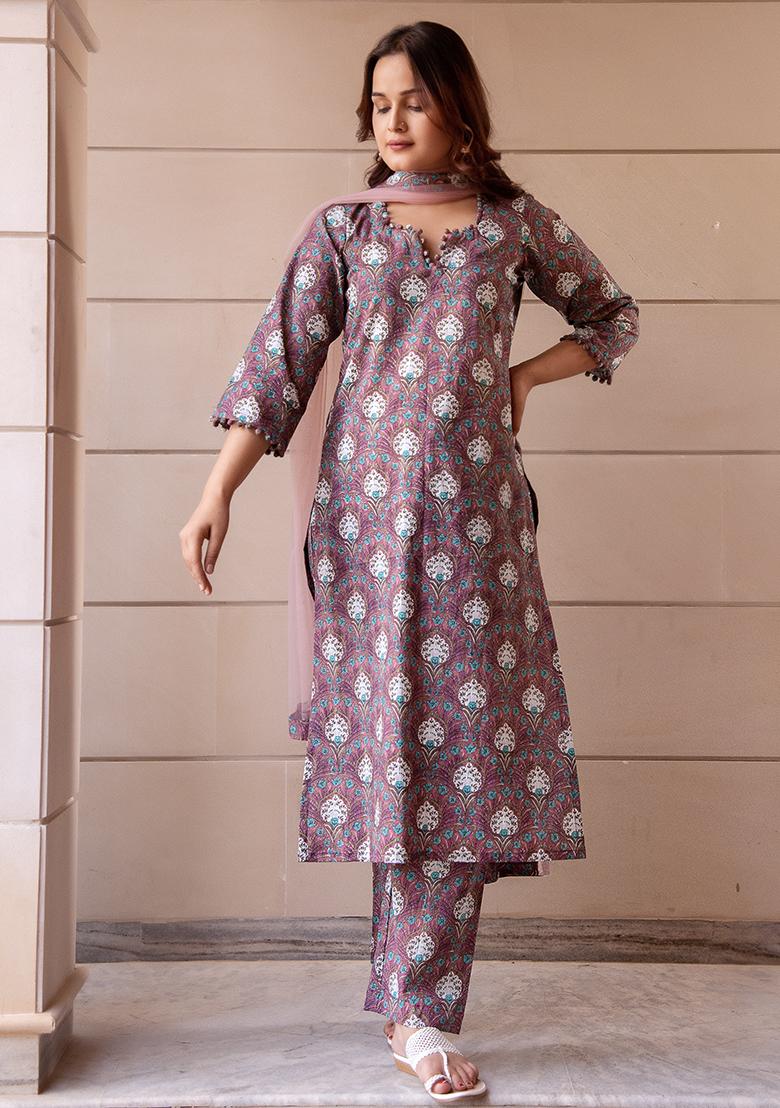 Purple Net Cotton Kurta Set