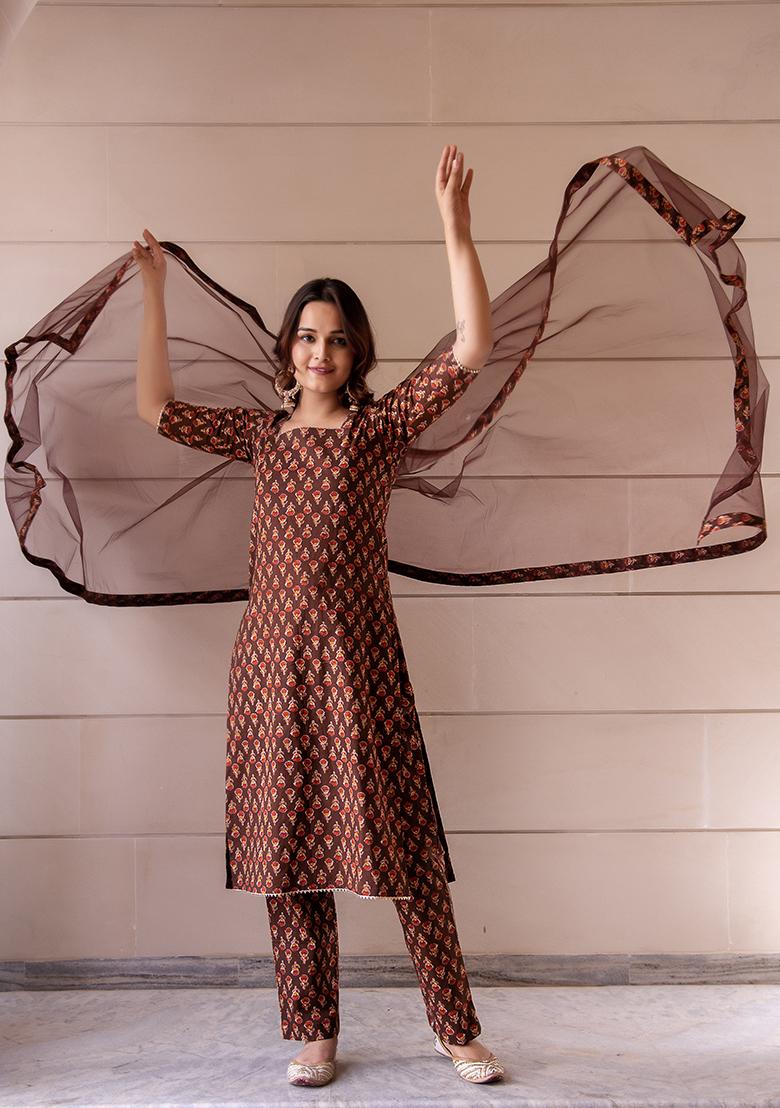 Brown Net Cotton Kurta Set