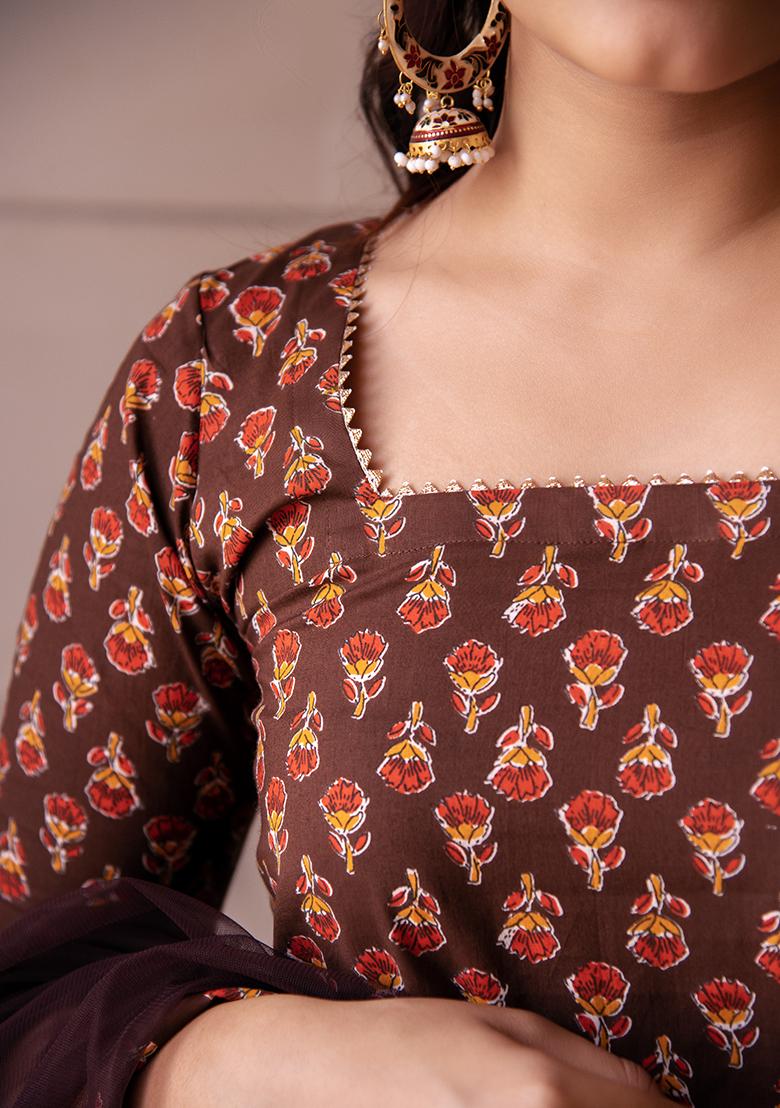 Brown Net Cotton Kurta Set
