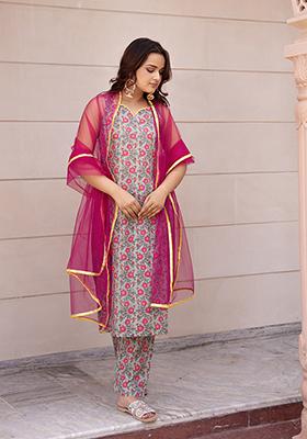 Pink Floral Cotton Kurta Set