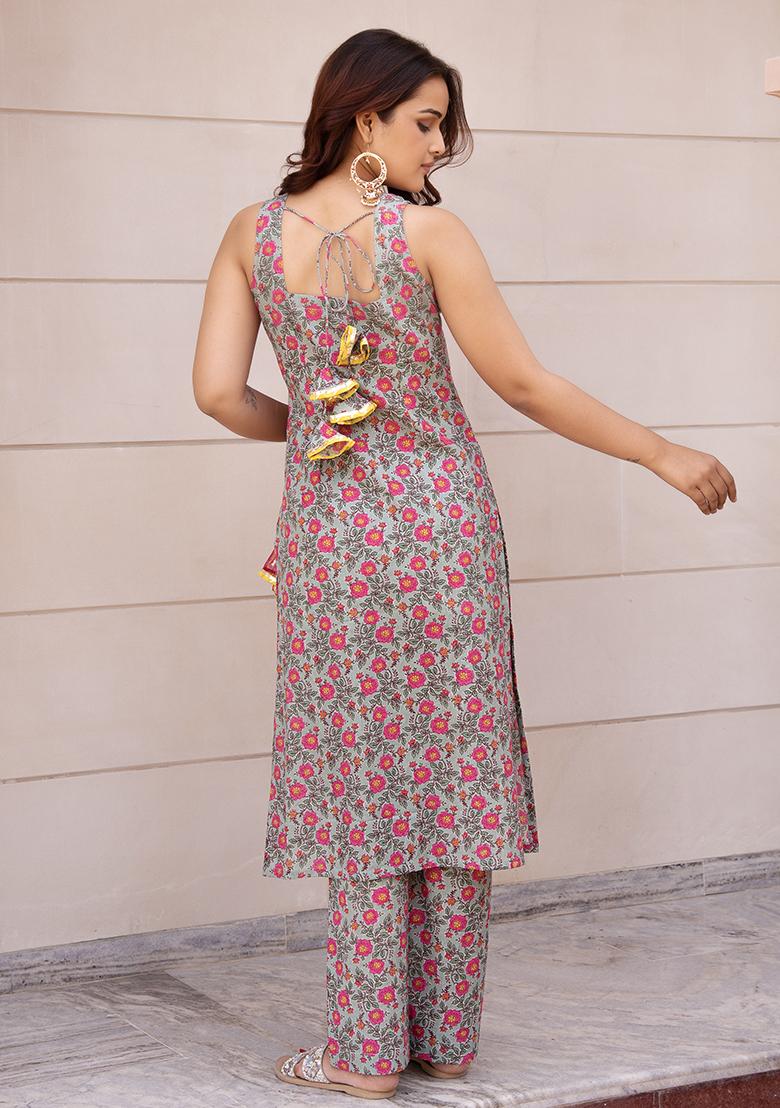 Pink Floral Cotton Kurta Set