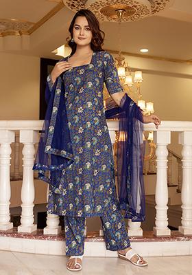 Royal Blue Net Cotton Kurta Set
