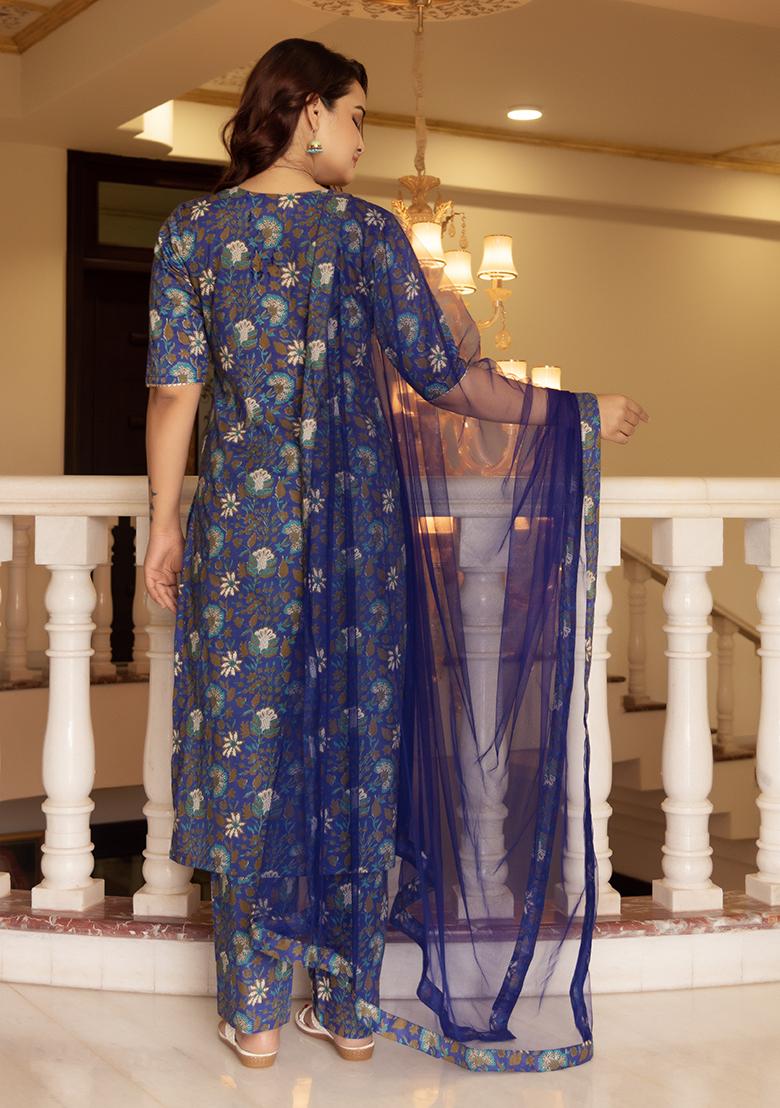Royal Blue Net Cotton Kurta Set
