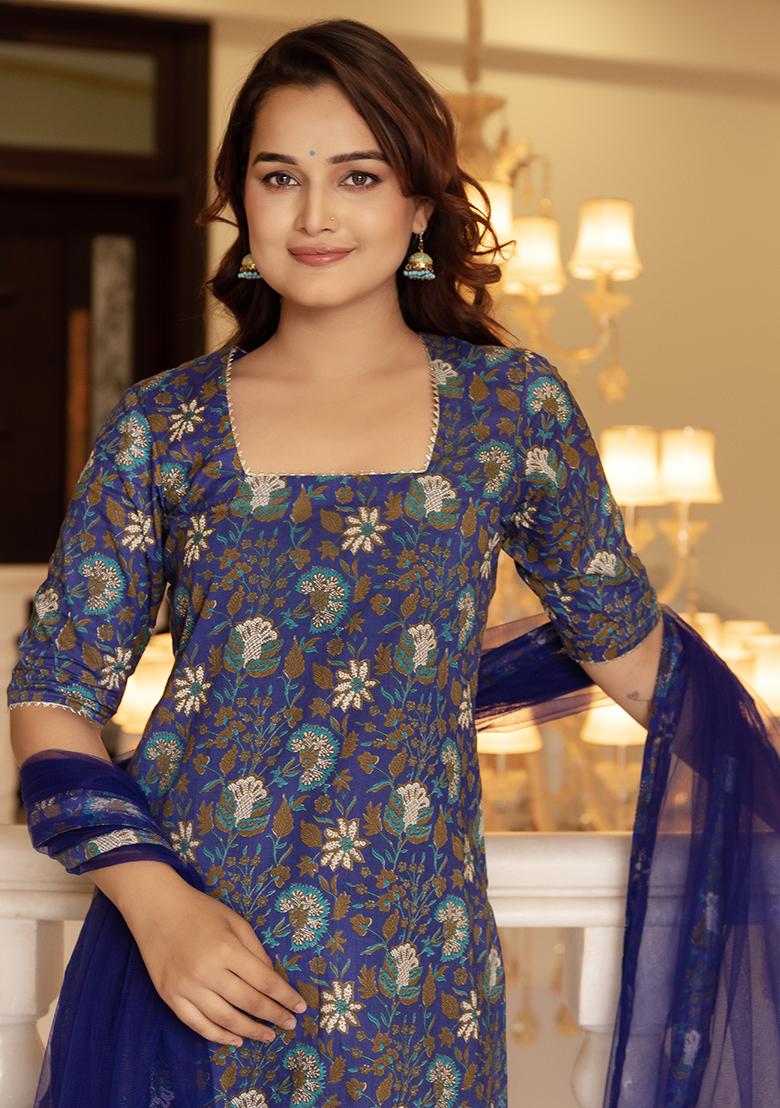 Royal Blue Net Cotton Kurta Set