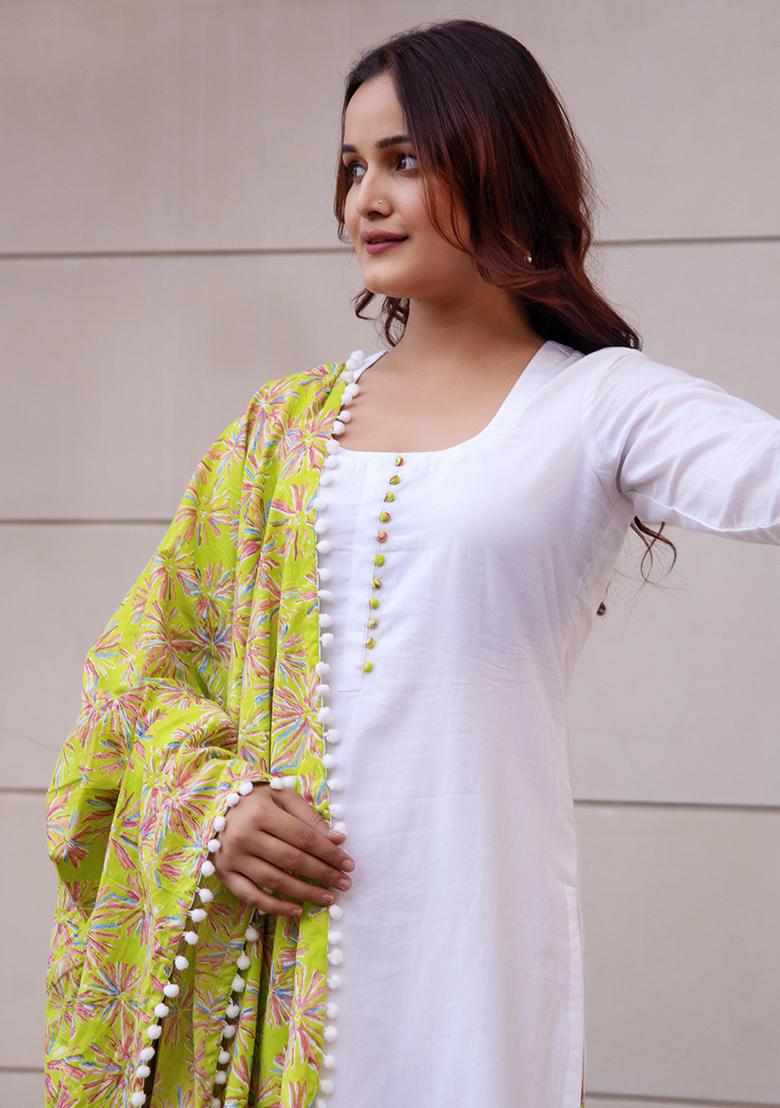 White Embroidered Cotton Kurta Set