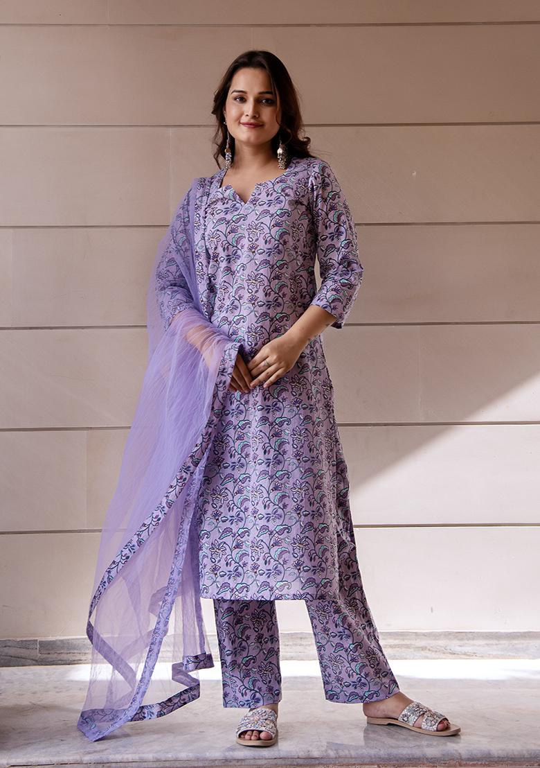 Lavender Floral Cotton Kurta Set