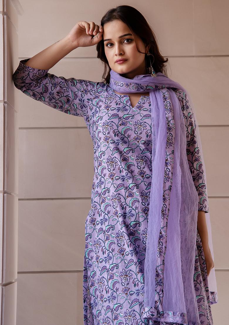 Lavender Floral Cotton Kurta Set