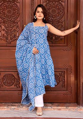 Blue Embroidered Cotton Kurta Set
