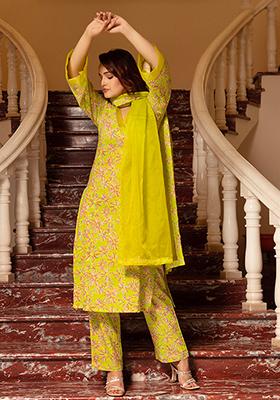 Green Embroidered Cotton Kurta Set
