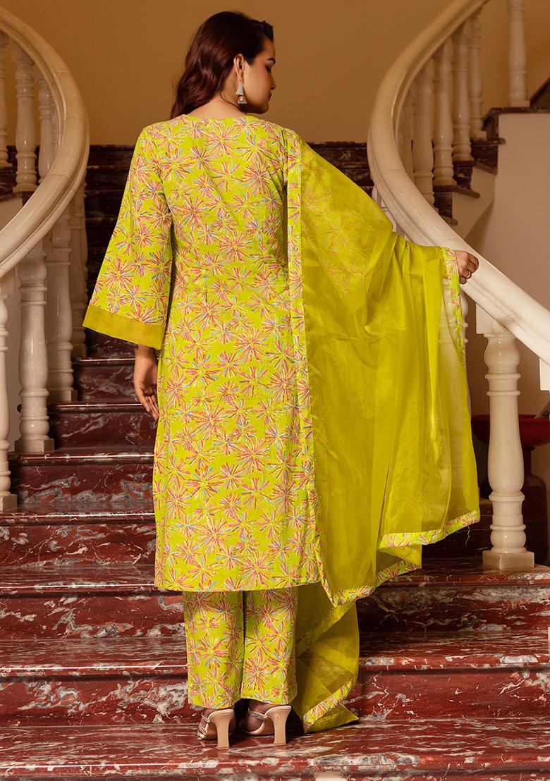 Green Embroidered Cotton Kurta Set