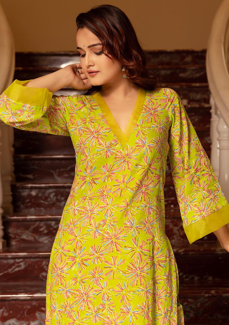 Green Embroidered Cotton Kurta Set