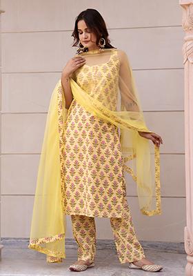 Lemon Yellow Floral Cotton Kurta Set