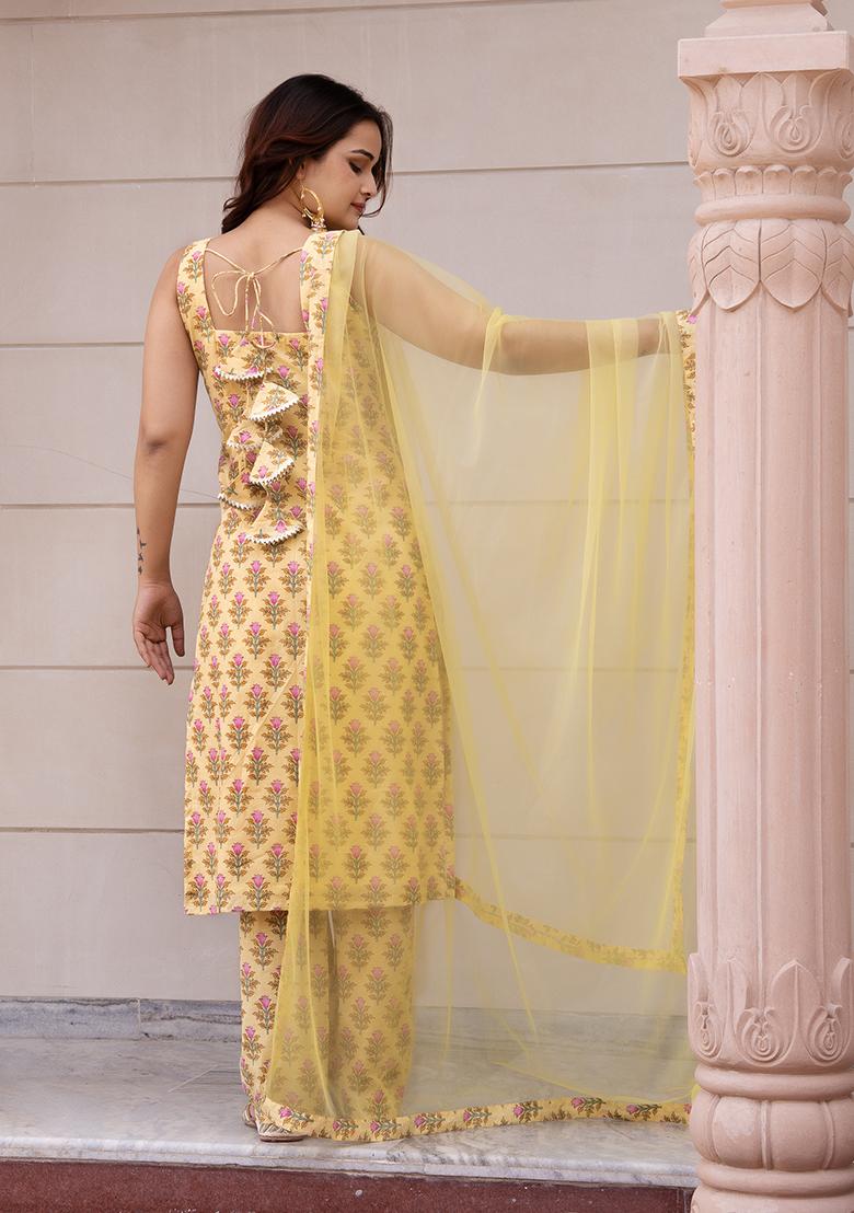 Lemon Yellow Floral Cotton Kurta Set