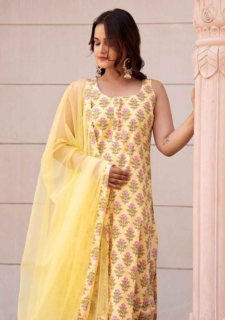 Lemon Yellow Floral Cotton Kurta Set