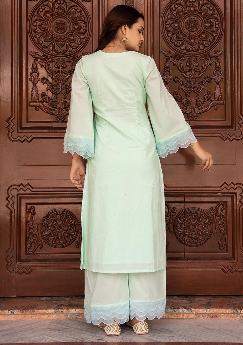 Pastel Green Embroidered Cotton Salwar Kameez