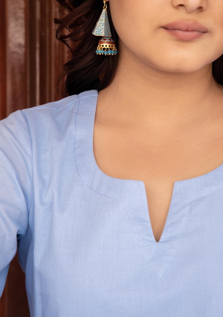 Powder Blue Embroidered Cotton Salwar Kameez