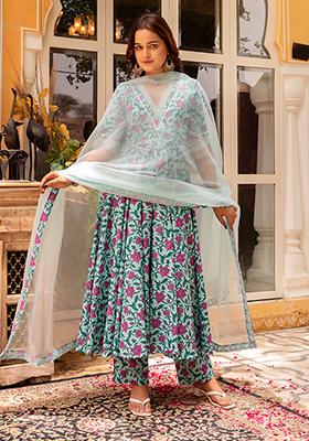Blue Embroidered Cotton Anarkali set