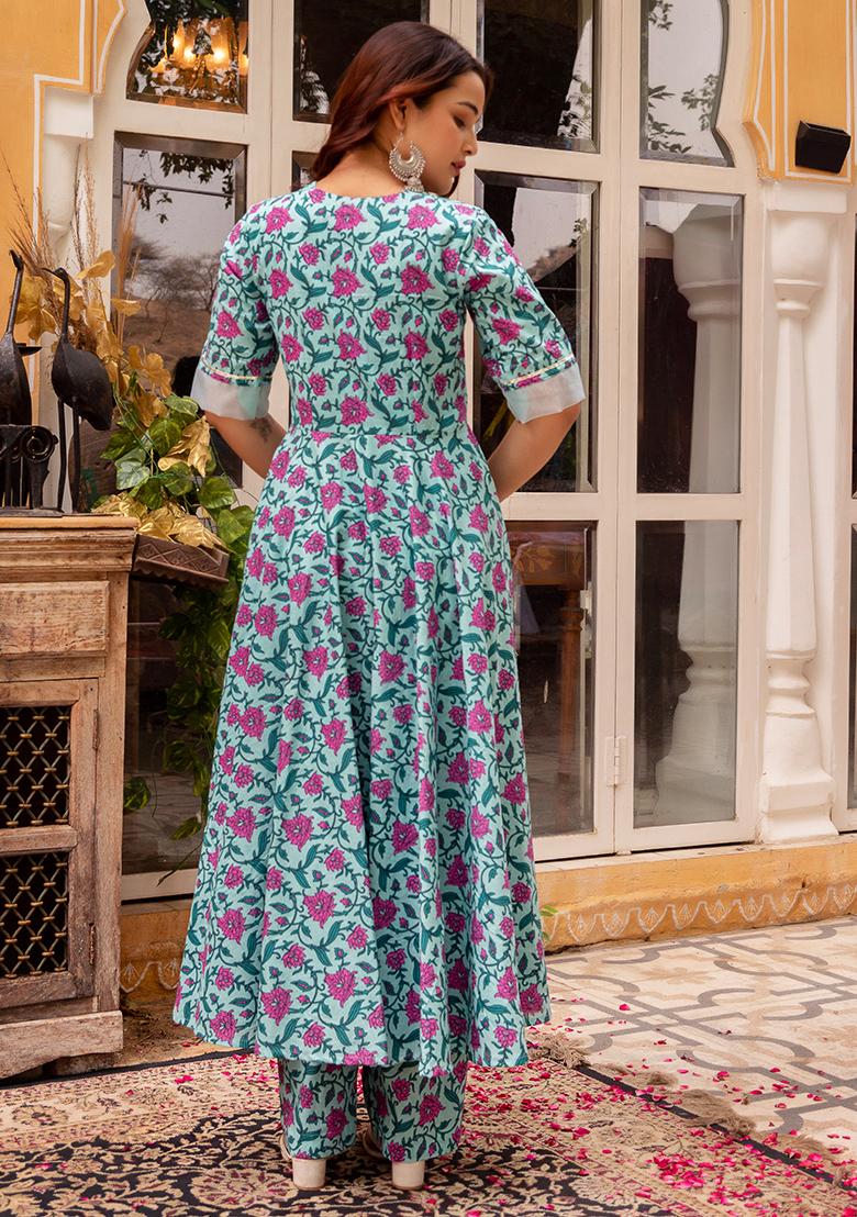 Blue Embroidered Cotton Anarkali set