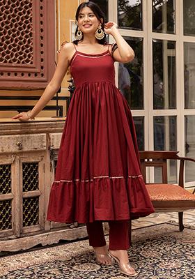 Maroon Embroidered Cotton Anarkali set