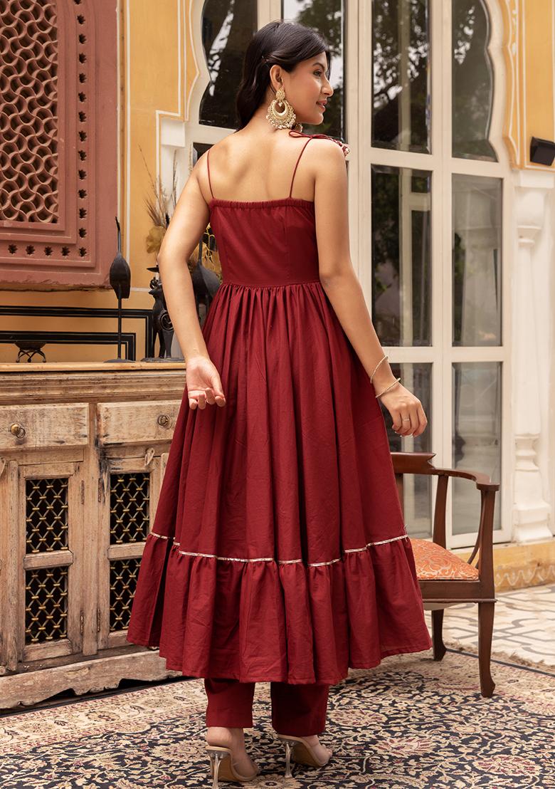 Maroon Embroidered Cotton Anarkali set