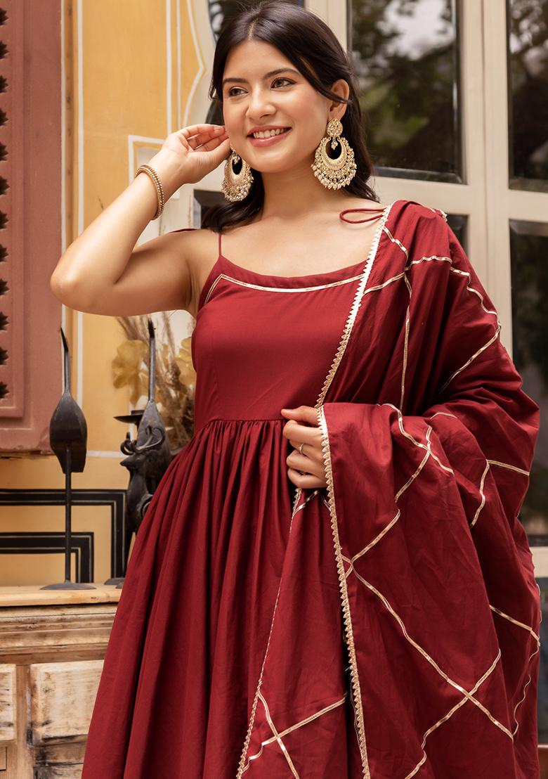 Maroon Embroidered Cotton Anarkali set