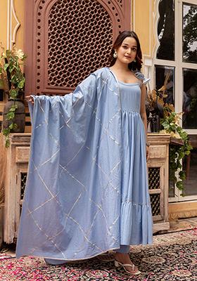 Blue Embroidered Cotton Anarkali set