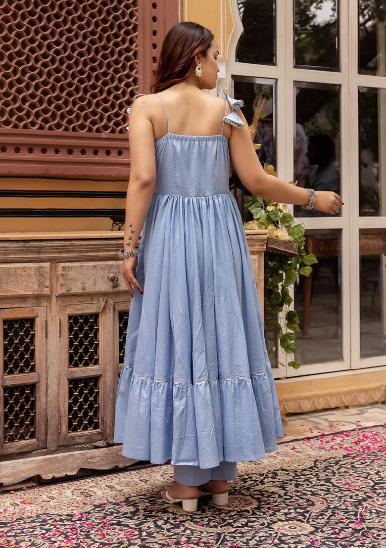 Blue Embroidered Cotton Anarkali set