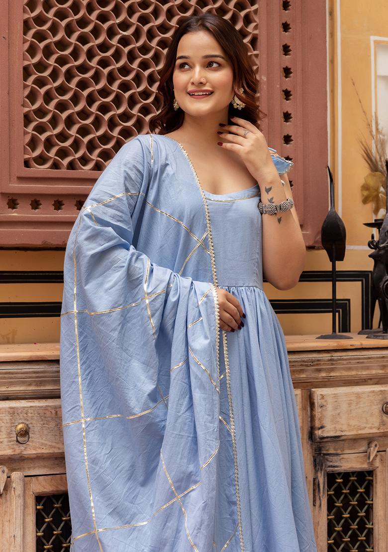 Blue Embroidered Cotton Anarkali set