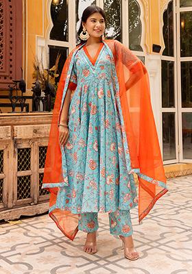 Blue Floral Cotton Anarkali set