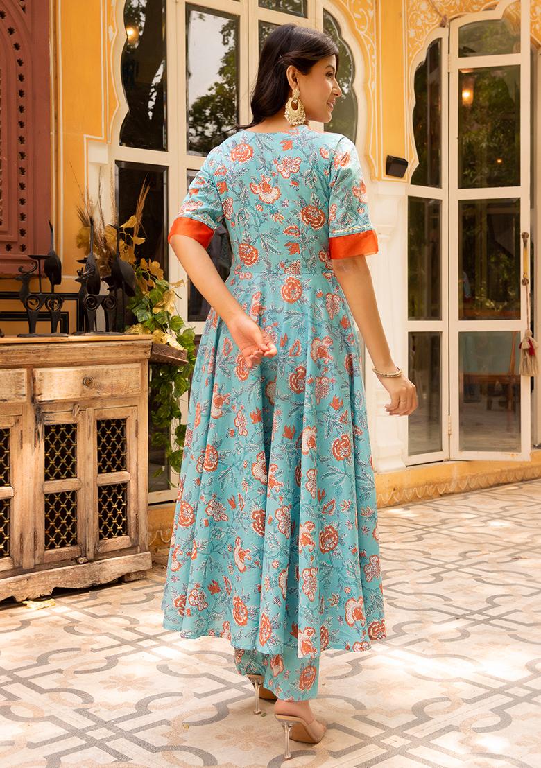 Blue Floral Cotton Anarkali set