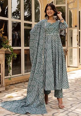 Dusty Blue Embroidered Cotton Anarkali set