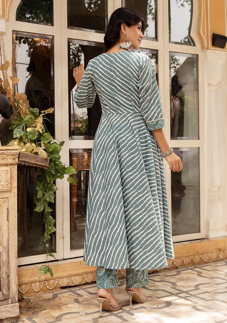 Dusty Blue Embroidered Cotton Anarkali set